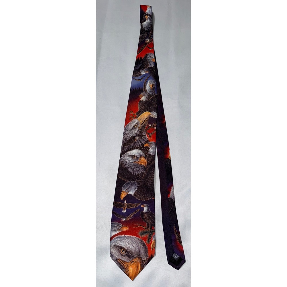 Vintage Dem Crazy Bald‎ Eagle Graphic Print Necktie USA Made Patriotic Red Black